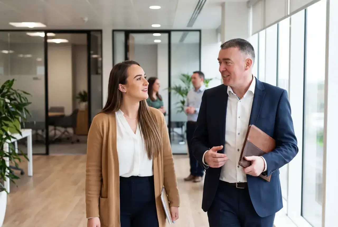Two PurpleTree HR advisors talking as they walk through a modern office