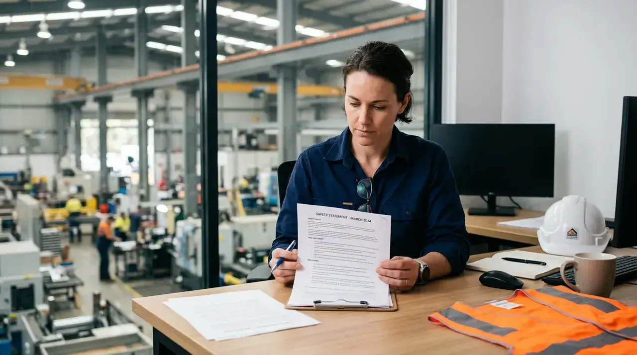Manager reviewing a printed safety statement at a factory office desk