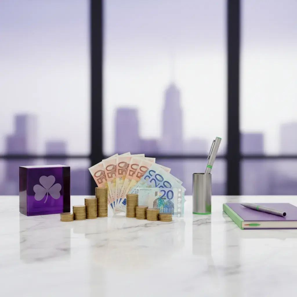 Euro notes and coin stacks beside a purple shamrock cube on a desk